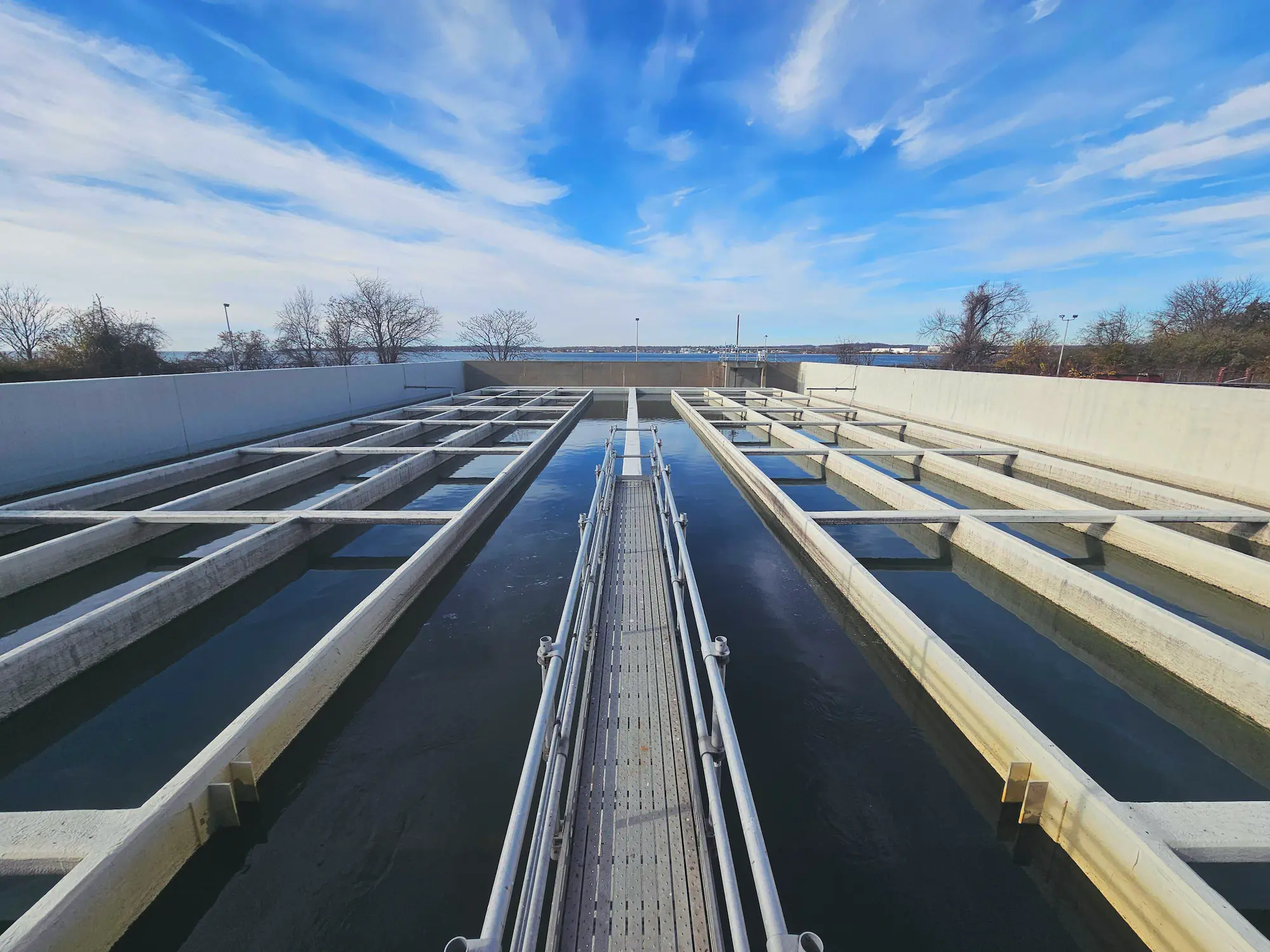 A walkway over a waste water treatment facility