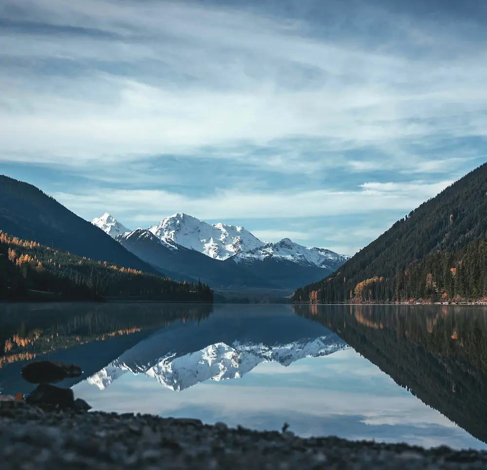 Views of a lake with mountains in the distance